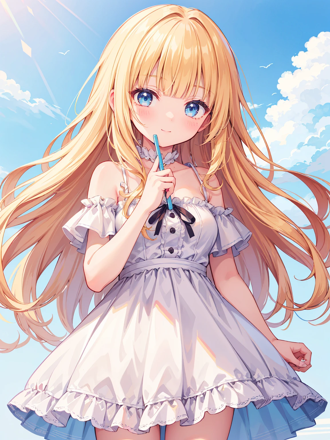 High quality, Ultra detailed, best quality, insanely detailed, masterpiece, beautiful illustrations, highest quality, pretty girl, very cute, 1girl, standing, pastel colour, blonde hair, wavy long hair, (blunt bangs), caucasian, bright lighting, sky-blue eyes, soft smile, looking at viewer
