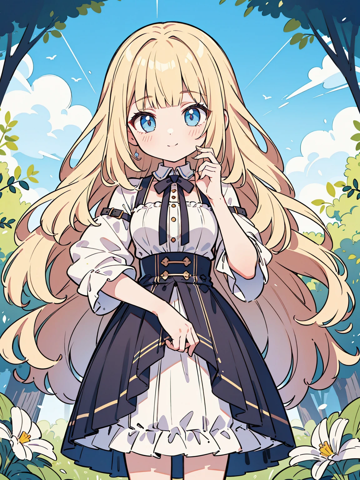 High quality, Ultra detailed, best quality, insanely detailed, masterpiece, beautiful illustrations, highest quality, pretty girl, very cute, 1girl, standing, pastel colour, blonde hair, wavy long hair, (blunt bangs), caucasian, bright lighting, sky-blue eyes, soft smile, looking at viewer
