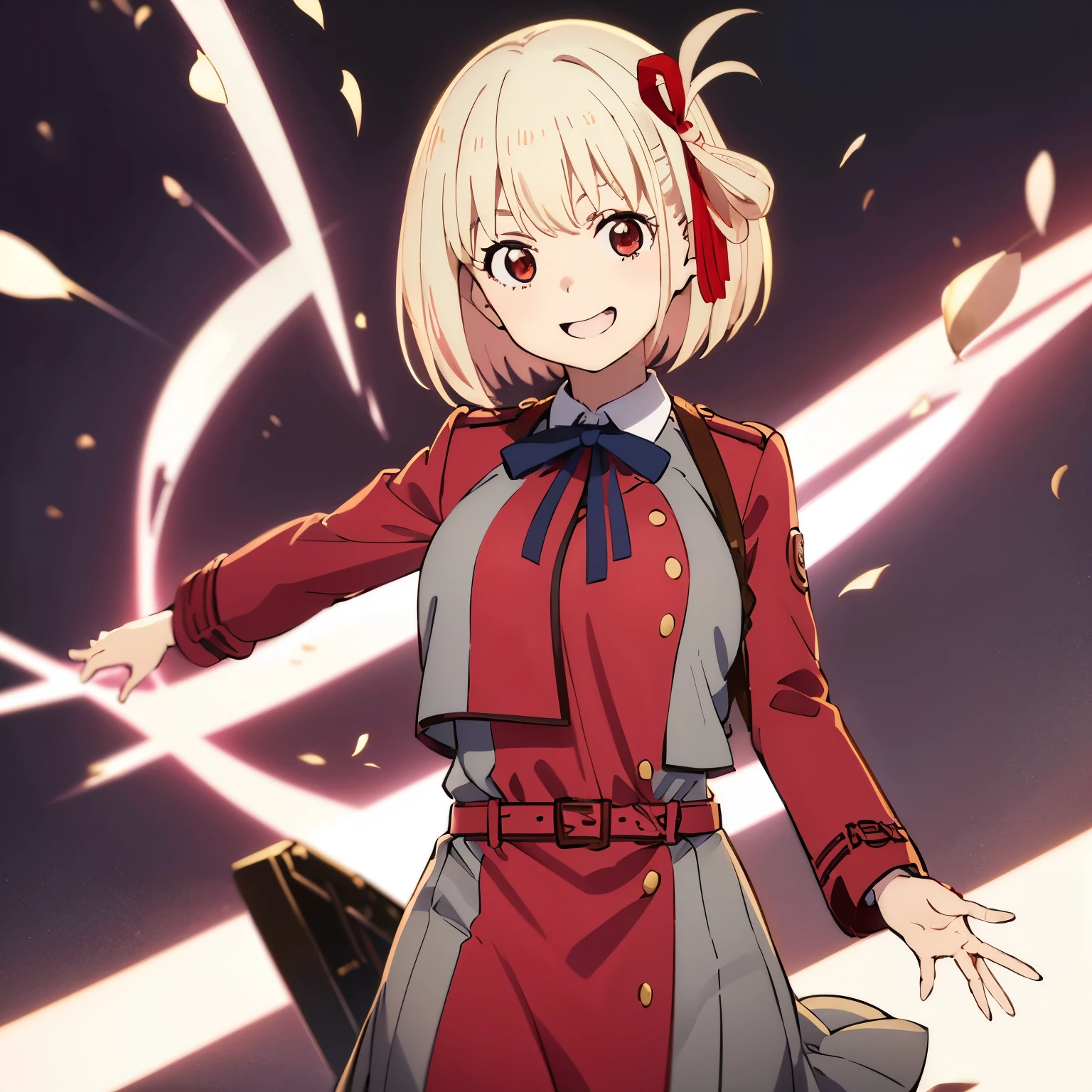 chisato, 1girl, solo, short hair, hair ribbon, breasts, neck ribbon, collared shirt, lycoris uniform, two-tone dress, red dress, grey dress, long sleeves, red belt, face of happiness, smile mouth, (((1girl))),(((Solo))),(((1 person))).