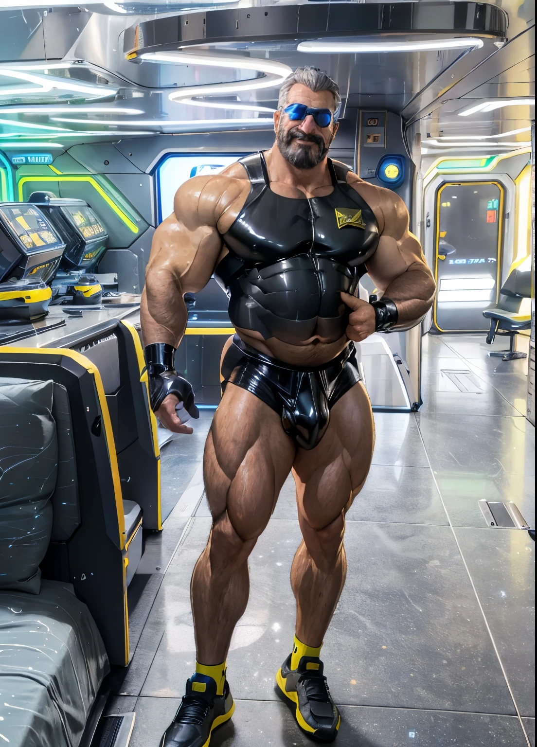 full body portrait, strong burly hairy mature older man(space captain), wearing futuristic captain's uniform insignia (neon and black) (open and revealing) (latex) , gray hair, reflective sunglasses (neon yellow rims), broad shoulders, round belly, thick feet, bulging micro thong, barefoot, scifi spaceship captain uniform, neon lights, best quality elegant masterpiece, face looks like Tom Selleck (Magnum PI) , military buzzcut, dark mustache, gray stubble, latex, wearing a latex thong, big bulging crotch, futuristic gear equipment, wearing see through plastic chest armor (neon yellow and electric blue), wearing neon yellow see through chest armor, wearing electric blue latex chaps(see-through) , wearing cool neon sneakers,in spaceship cockpit, lying in spaceship sleeping quarters(bed) (view from above), smiling with teeth showing, nicebulge, waiting in bed, glowing armor, legs up(!) and spread(!) , big muscle ass, wet and dripping ass, visible asshole(!) , wet asshole, hairy pecs, thick long legs, silver hair