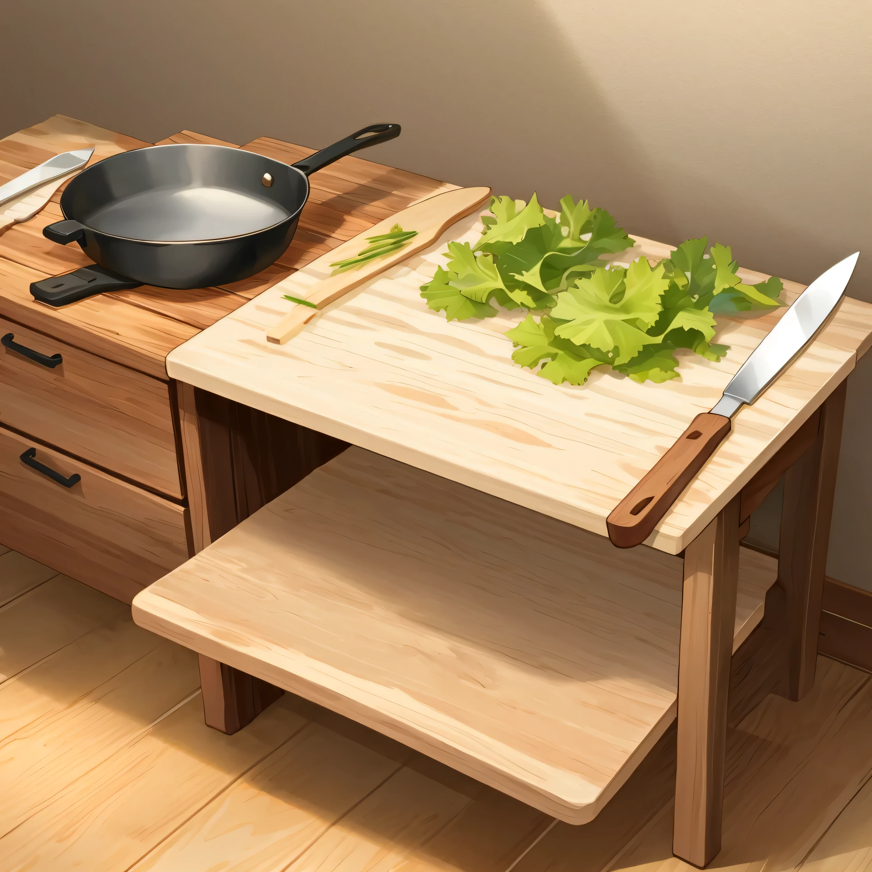 cooking utensils, 2D illustration, cutting board made of wood, small size cutting board, cutting board with small legs,