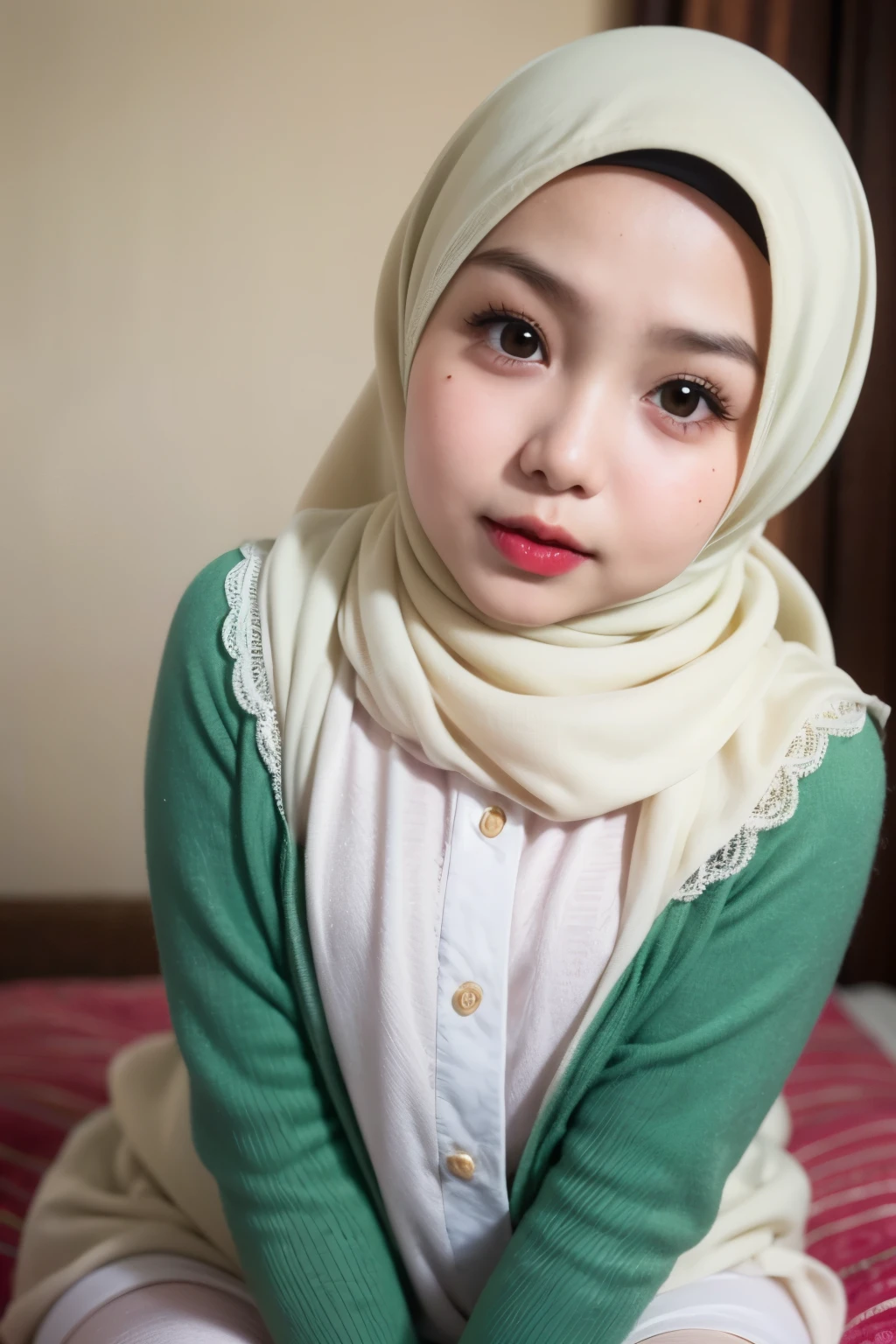 Thin (chubby cheeks), Wearing Lingerie, (((HIJAB MALAY GIRL))), masutepiece, High quality, UHD 32K, Realistic face, Realistic skin feeling , A Japanese Lady, 8 *********, , Very cute and baby-like face, (((FLAT CHEST))), (MATRIX WORLD), ((look In front  at the camera and SADNESS)), (((CUTE GIRL))), ((RED LIPS)), (undress, Green And White, (chubby cheeks), (Tiny)