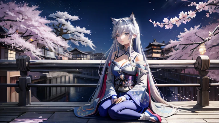 anime, one girl, colorful hair,Silver hair and light blue hair、 Hair is tangled, light blue eyes, Kyoto, cherry blossoms、petal、moon, Kimono with light blue pattern, off shoulder, sitting, alone,cleavage、smile