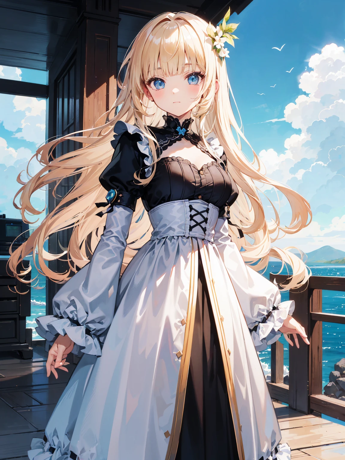 High quality, Ultra detailed, best quality, insanely detailed, masterpiece, beautiful illustrations, highest quality, pretty girl, very cute, 1girl, standing, pastel colour, blonde hair, wavy long hair, (blunt bangs), caucasian, bright lighting, sky-blue eyes, soft smile, looking at viewer
