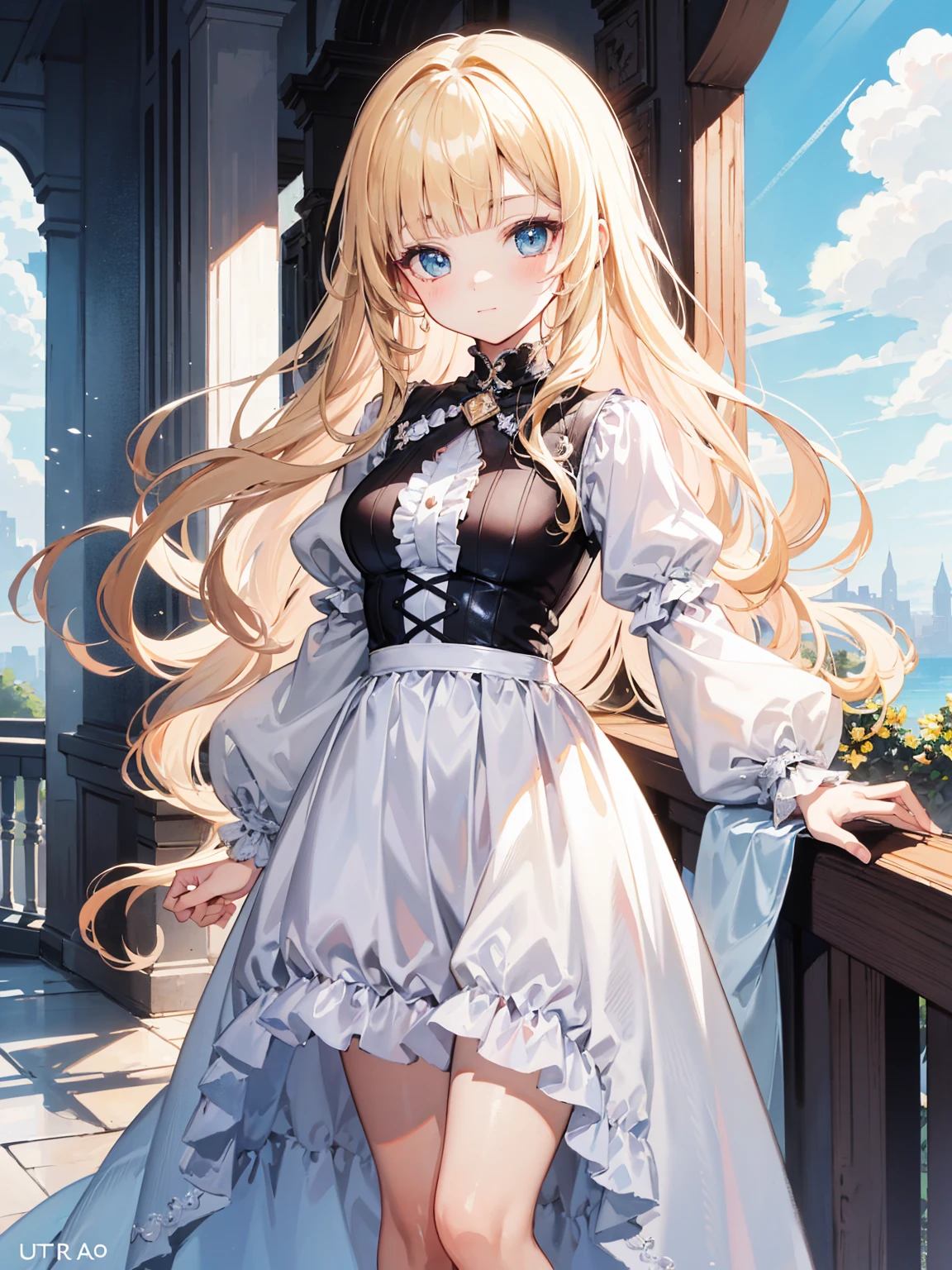 High quality, Ultra detailed, best quality, insanely detailed, masterpiece, beautiful illustrations, highest quality, pretty girl, very cute, 1girl, standing, pastel colour, blonde hair, wavy long hair, (blunt bangs), caucasian, bright lighting, sky-blue eyes, soft smile, looking at viewer