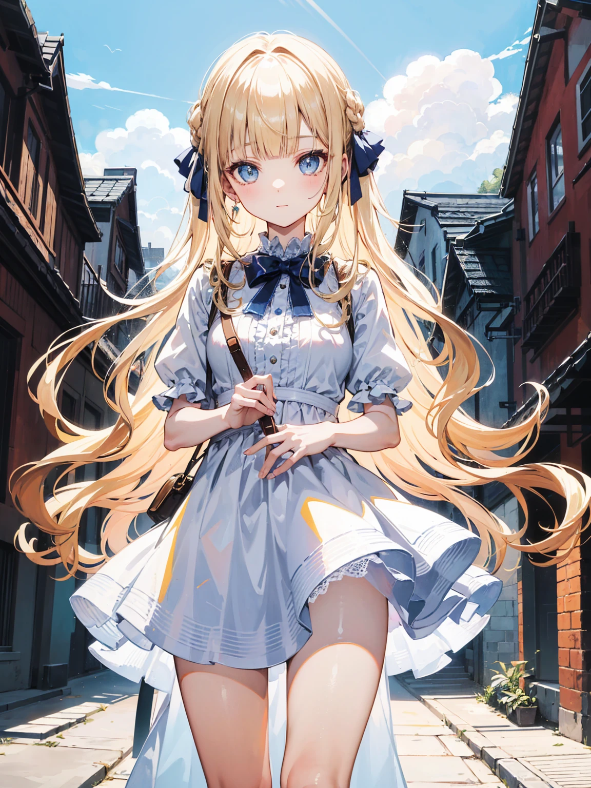 High quality, Ultra detailed, best quality, insanely detailed, masterpiece, beautiful illustrations, highest quality, pretty girl, very cute, 1girl, standing, pastel colour, blonde hair, wavy long hair, (blunt bangs), caucasian, bright lighting, sky-blue eyes, soft smile, looking at viewer