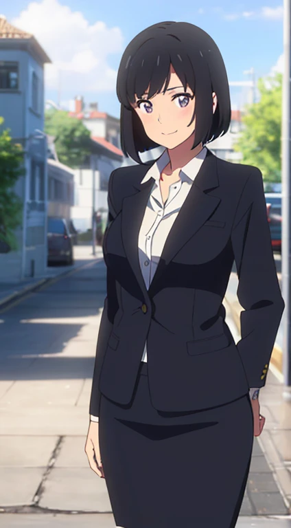 shinkai makoto, kimi no na wa., 1girl, bangs, black hair, blush, dark purple eyes, sky, cloud, looking at the viewer, outdoors, short hair, smile, solo, suit, office lady, black skirt, black blazer, pencil skirt, white shirt, collared shirt, brown pantyhose, ager, europe, sweden, stockholm
