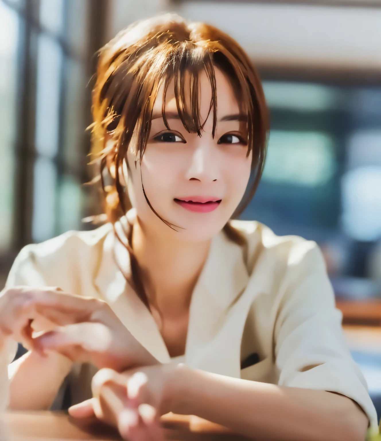 table top、highest quality、genuine、Super detailed、finely、High resolution、8k wallpaper、one beautiful woman、light brown disheveled hair、wearing a business suit、sharp focus、perfect dynamic composition、beautiful and detailed eyes、thin hair、 genuine、smile、close-up portrait、model body shape、