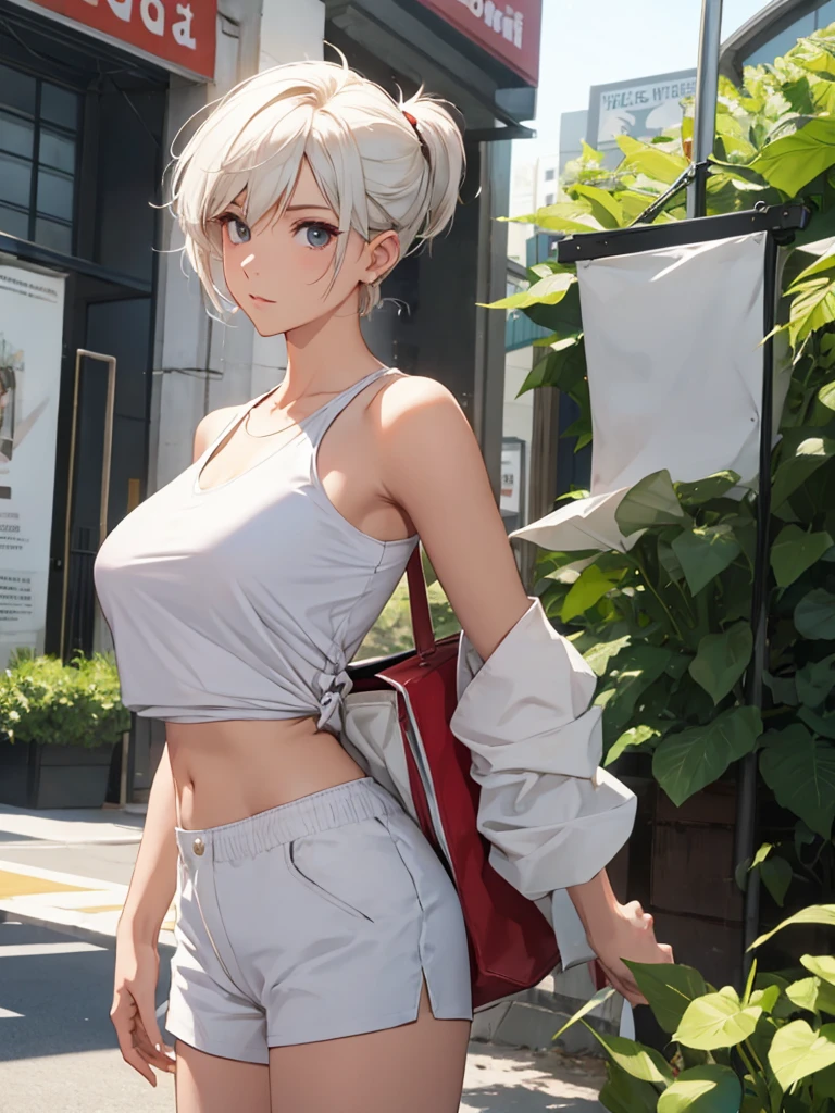 young girl, short gray hair, red-eyes, white tanktop, Upskirt, ssmile, backpack, stocklings, Masterpiece, hiquality