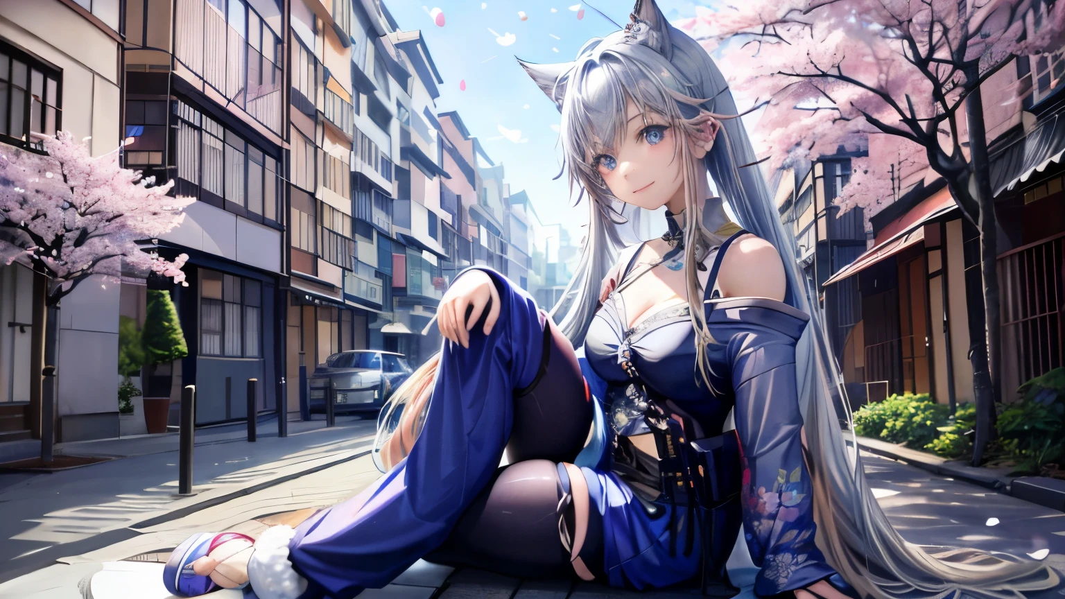 anime, one girl, colorful hair,Silver hair and light blue hair、 Hair is tangled, light blue eyes, Kyoto, cherry blossoms、petal、moon, Kimono with light blue pattern, off shoulder, sitting, alone,cleavage、smile