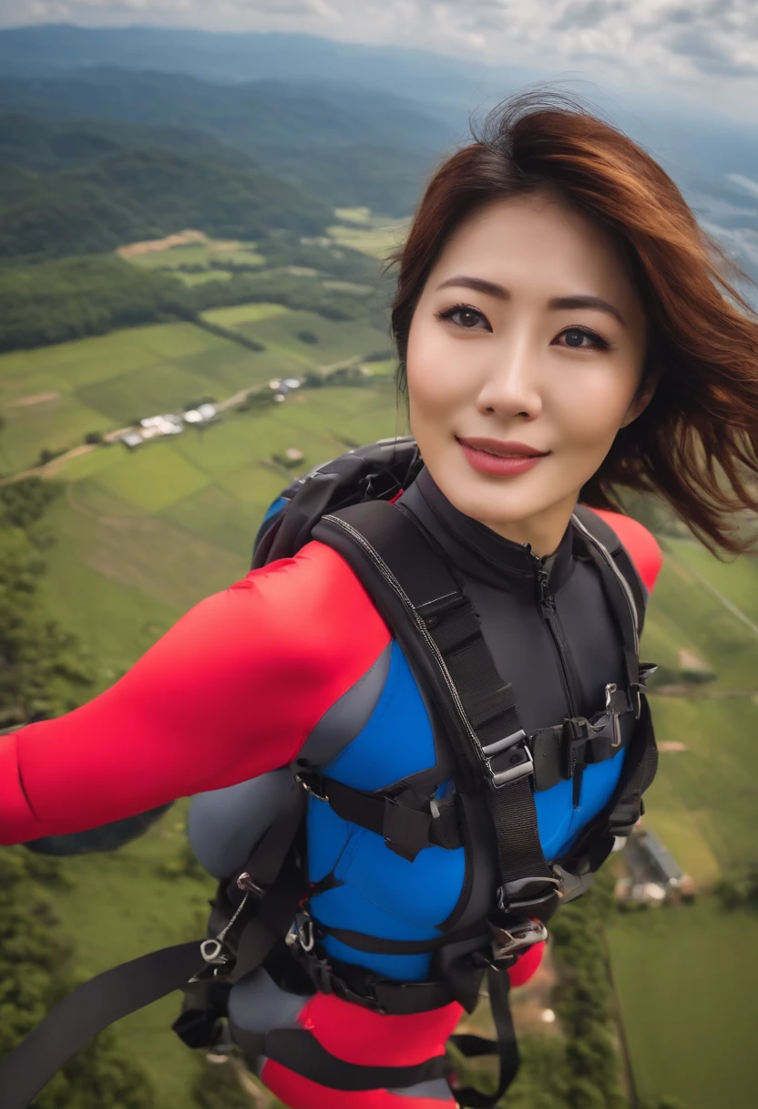 A beautiful Japanese woman in her 30s goes skydiving、micro bikini、very sexy swimsuit、up in the sky3000meter、so beautiful、staring at the camera、The camera follows her