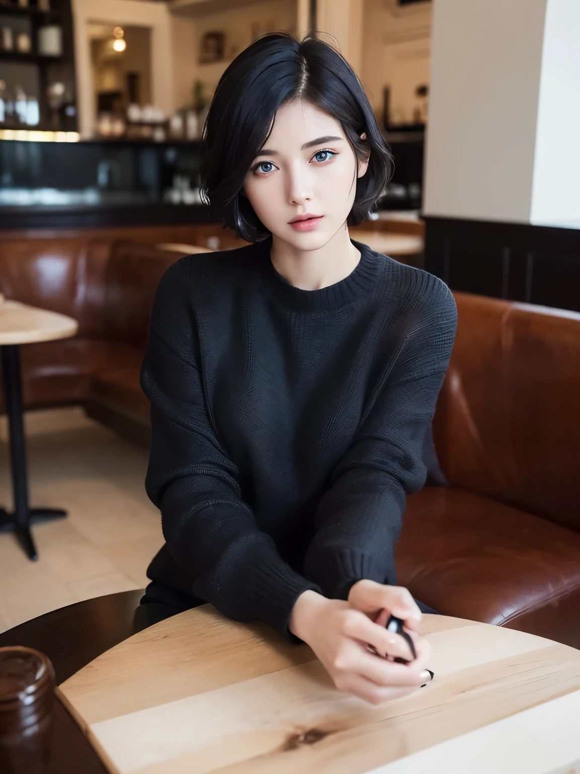 (masterpiece:1.3), (8K, realistic, Raw photo, highest quality:1.4), (realistic face), (black hair, short hair:1.3), beautiful hairstyle, realistic eyes, Detailed and beautiful blue eyes, (realistic skin), (beautiful skin), (sweater), Charm, ultra high resolution, surreal, golden ratio, ((Full-body shot at a stylish cafe))