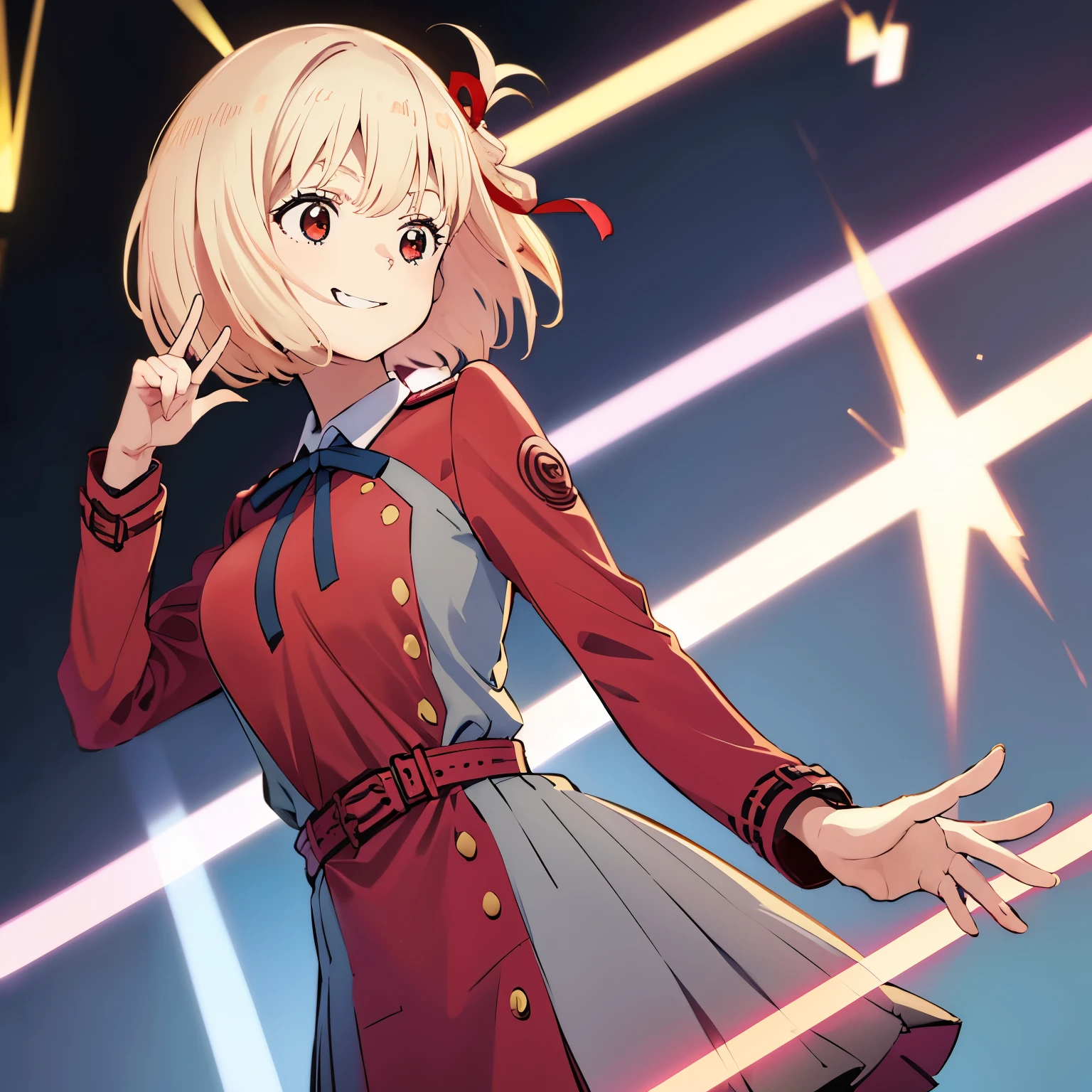 chisato, 1girl, solo, short hair, hair ribbon, breasts, neck ribbon, collared shirt, lycoris uniform, two-tone dress, red dress, grey dress, long sleeves, red belt, face of happiness, smile mouth, (((1girl))),(((Solo))),(((1 person))).