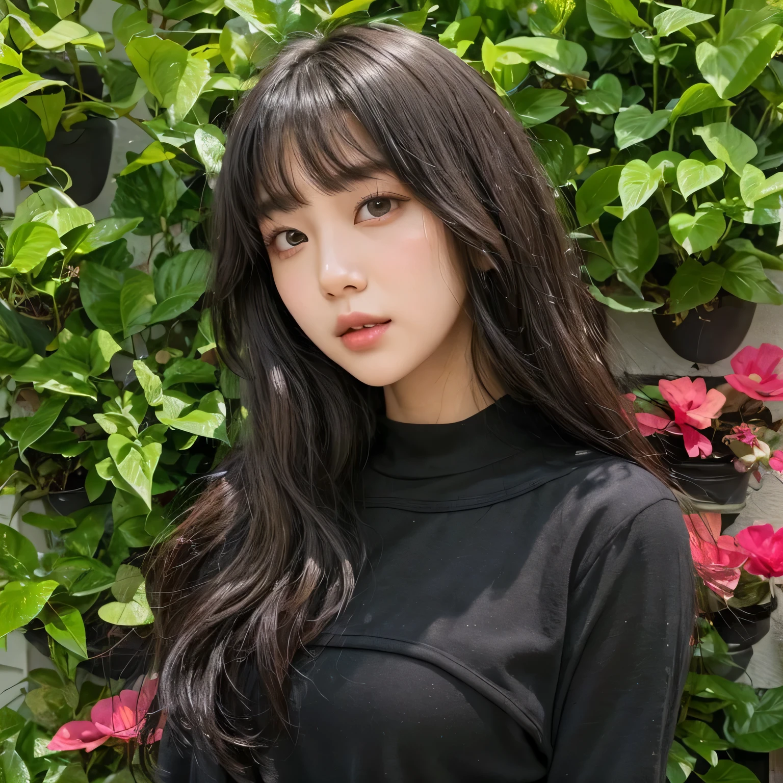 un primer plano de una mujer con cabello largo y vistiendo un top negro, pelo largo con flequillo completo, neat hair con flequillo, she has black hair con flequillo, con flequillo, long hair con flequillo, ulzzang