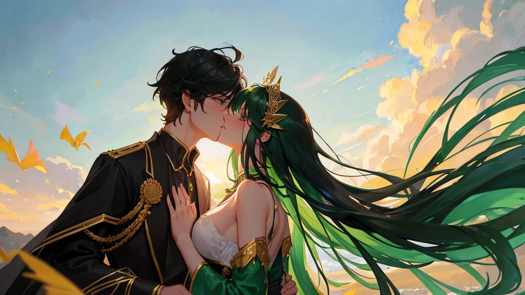 couple, boy with black hair, black royal clothes, majestic black wings, and girl with green hair, green royal clothes, fairy wings, kissing pose, sky, 8k resolution