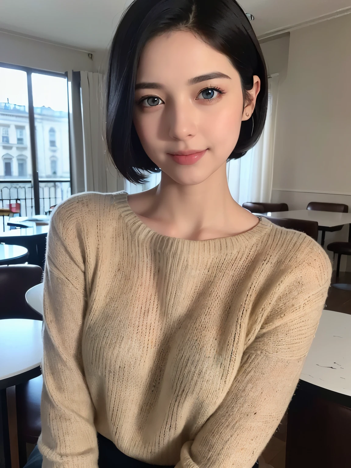 (masterpiece:1.3), (8K, realistic, Raw photo, highest quality:1.4), (realistic face), (black hair, short hair:1.3), beautiful hairstyle, realistic eyes, Detailed and beautiful blue eyes, (realistic skin), (beautiful skin), (sweater), Charm, ultra high resolution, surreal, golden ratio, smile, ((Full-body shot at a stylish cafe))