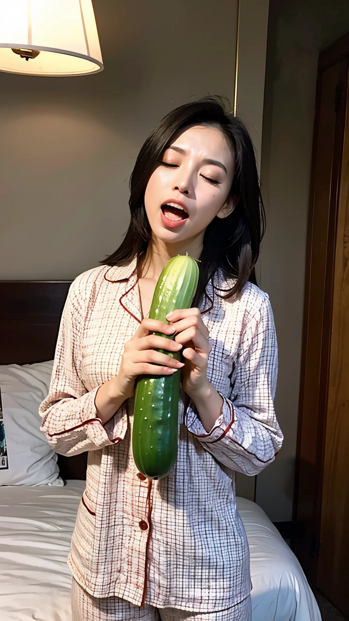 Surrealism, high detail, movie lighting, Ray tracing, First Perspective, Shoot at eye level, ultra high definition, masterpiece, White skin, 4K, Best quality A sexy girl with open mouth and closed eyes in plaid pajamas on the bed，Holding a long cucumber in hand