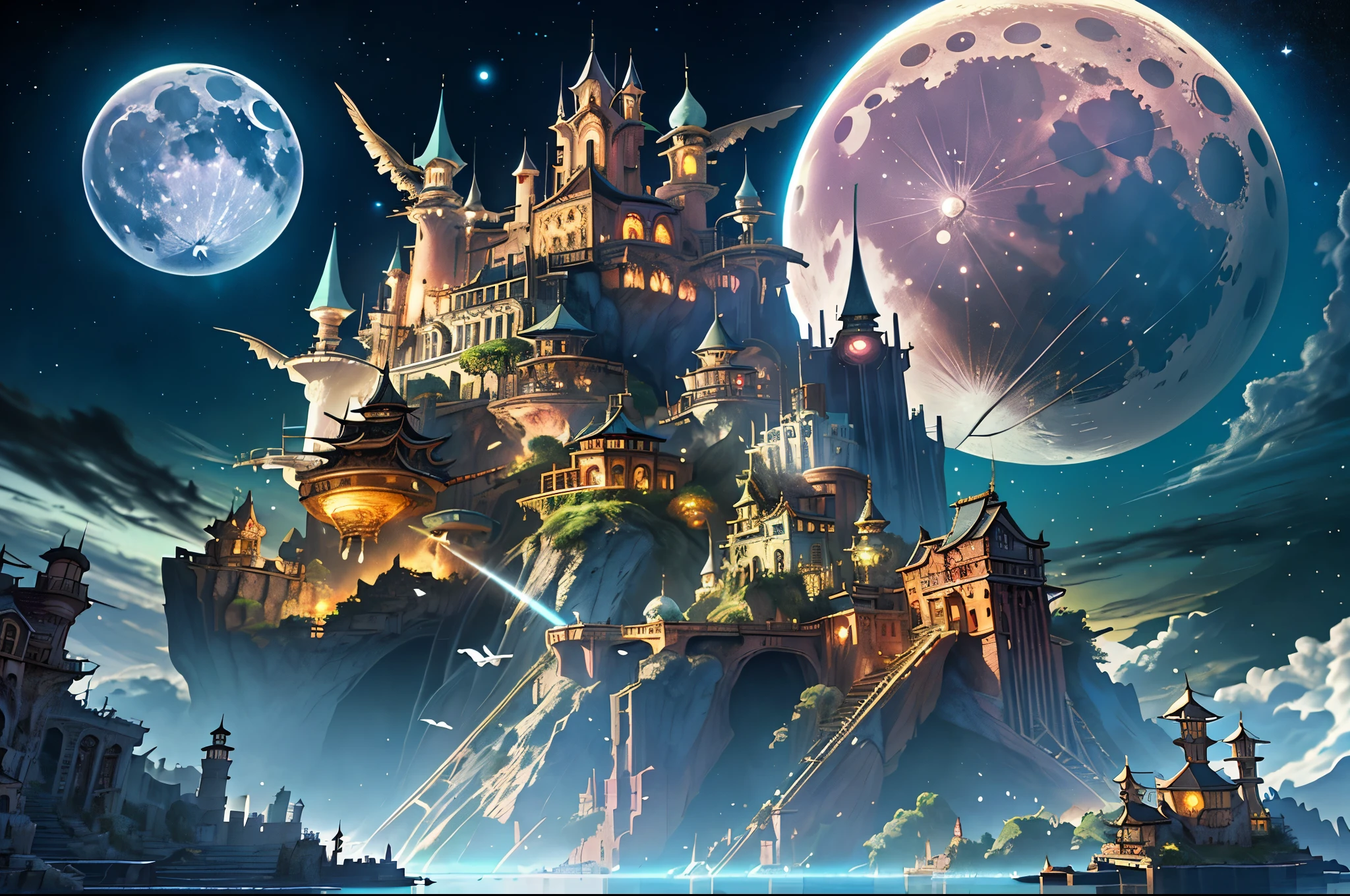 Magical night，sky cities。Views of the steampunk cityscape，The moon in the distance，meteors，flying cloud castle，Steampunk City，small spaceships，steampunk concept art，steampunk villages castles，The Victorian steampunk megacity，Steampunk City，Inspired by Ian Mack，very far royal steampunk castle，Steampunk city background，Old steampunk city，detailed digital concept art，flying ships in the background。rich details​，higher details，Superior color，（Strong color contrast）。
