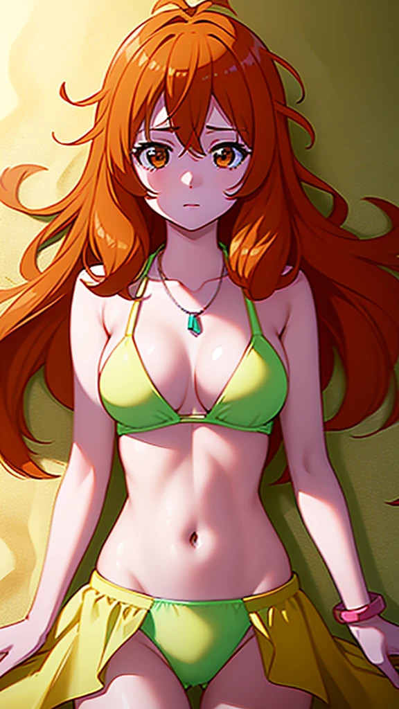 masterpiece, best quality, 1 solo girl, orange hair, orange eyes, long hair, medium breasts, sexy body and face, wavy hair, white bikini, jewelry, bracelet, necklace, summer, beach, lying at the sand, sexy pose, cowboy shots, detailed body, face, and eyes, sharp focus, vibrant, creative, dynamic, high definition, high resolution, 8k, (Upscale: R-ESRGAN 4x+ Anime6mage enchance:4x), voluptuous body, cinema lightning, dakimakura style,