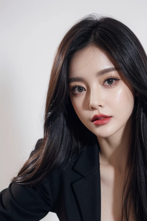 woman, beautiful, Amazing face and eyes, cosmetics, red glossy lips, (Wear a black blazer),(Extremely detailed beautiful face),(best quality), (Superb details), (A collection of 8k CG wallpapers that are very detailed.),original photo, Professional photography, (stand), (white background),(black hair),(Big eyes),(soft light source),(There is a slight rift.),(Wear a black blazer),small breasts,(Photo from the waist up),shorts