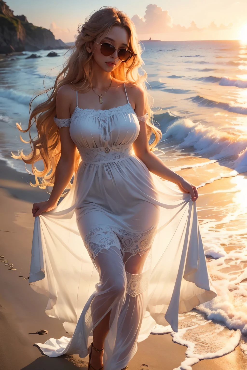 A stunning lady, clad in a flowing sundress, stands on the pristine sandy beach. The sun is setting, casting a warm, golden glow over her figure. Her long, curly hair cascades down her back in the gentle breeze, catching the sunlight and shimmering with highlights. The waves crash against the shore, creating a tranquil melody that soothes her mind. she wears sunglasses that reflect the sun's glare, her slender arms rest on her hips as she gazes out at the vast expanse of the ocean. Her posture is relaxed, exuding an air of contentment and peace. The details of her dress, from the intricate patterns to