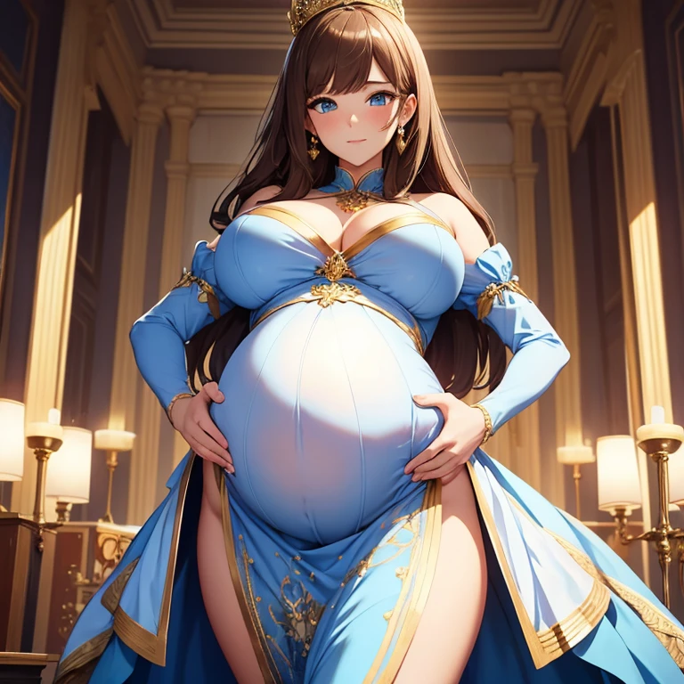 Sexy pregnant princess, elegant tight blue and white dress with golden details, brown hair, blue eyes