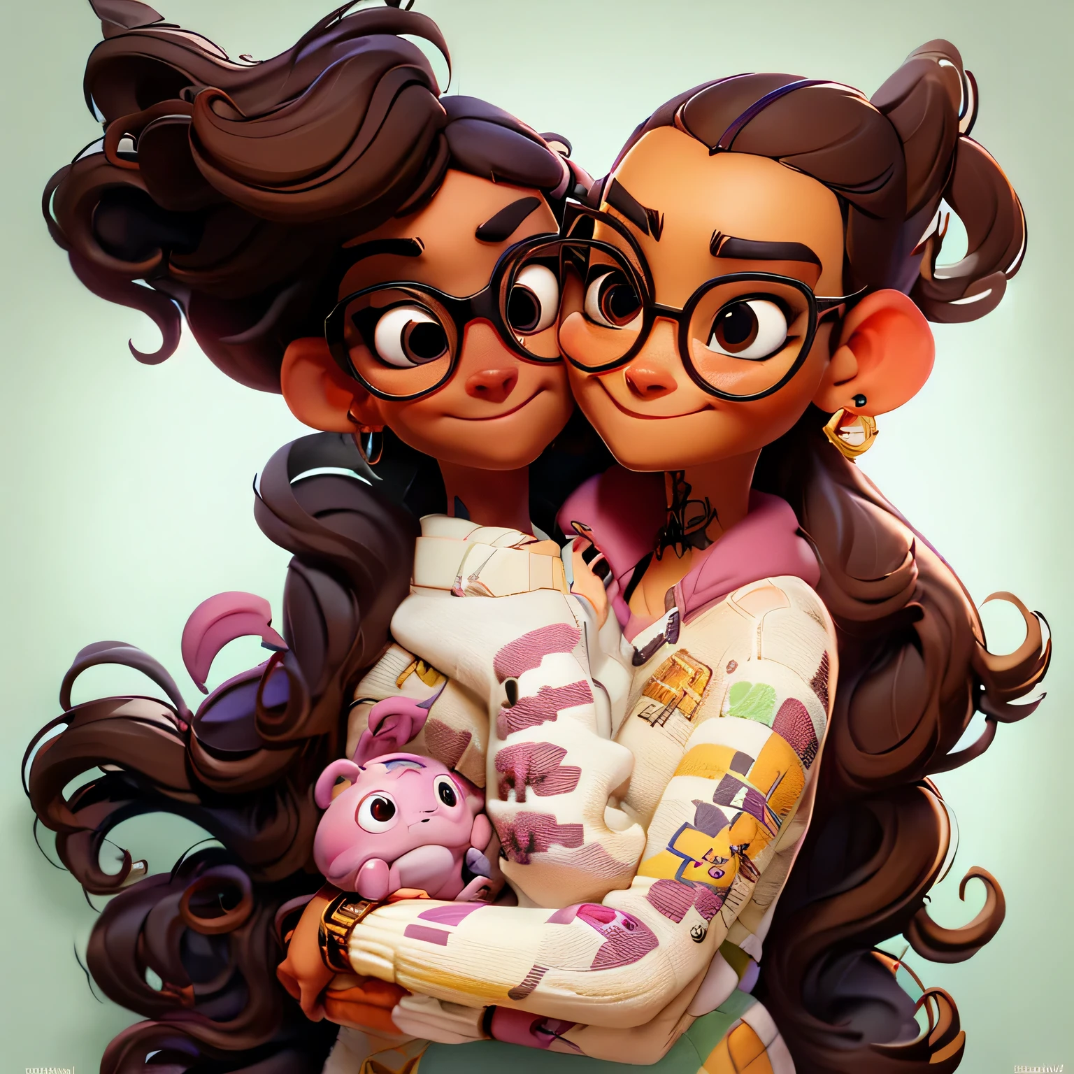Create two friends, one wears glasses, is of average height, brown hair, dresses in black and the other is brunette, curly hair, tall with a cell phone, wears pink, very beautiful, type of delo, creates original Pixar type
