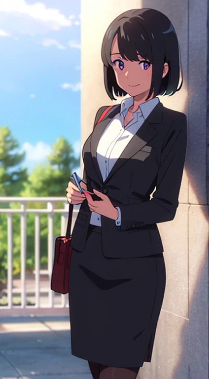 shinkai makoto, kimi no na wa., 1girl, bangs, black hair, blush, dark purple eyes, sky, cloud, looking at the viewer, outdoors, short hair, smile, solo, suit, office lady, black skirt, black blazer, pencil skirt, white shirt, collared shirt, brown pantyhose, teenager,