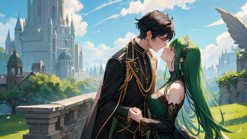 couple, boy with black hair, black royal clothes, majestic black wings, and girl with green hair, green royal clothes, fairy wings, kissing pose, sky, 8k resolution