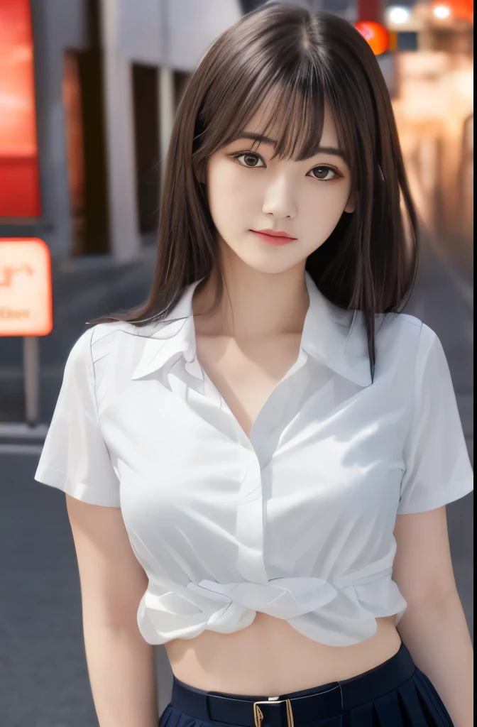 highest quality,photo quality,8K,ultra high resolution,professional lighting,(LDH),18-year-old,The best beautiful actress,Detailed drawn face,black hair,short bangs,princess cut,（Japanese high school uniform:1.3),white blouse,mini skirt,