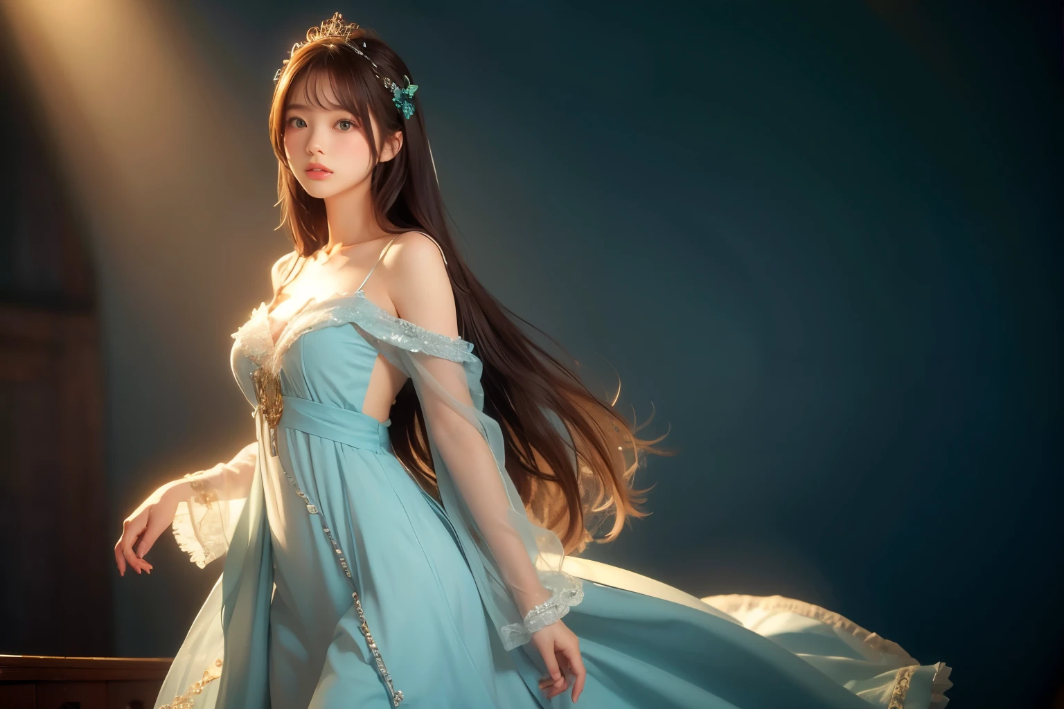 1 girl, masterpiece, very detailed, ((cinematic lighting)), (shine), ((dramatic lighting)), ((beautiful delicate shine)), intricate details, Lens flare, blonde, long hair, colorful dresses, butterfly hair ornament, butterfly, (particles of light), turn your arms behind your back, medium chest, [take up], cowboy shot, light smile, green eyes, church, Stained glass, Spotlight, dark background, floating hair, floating hair, looking at the viewer,((colorful))