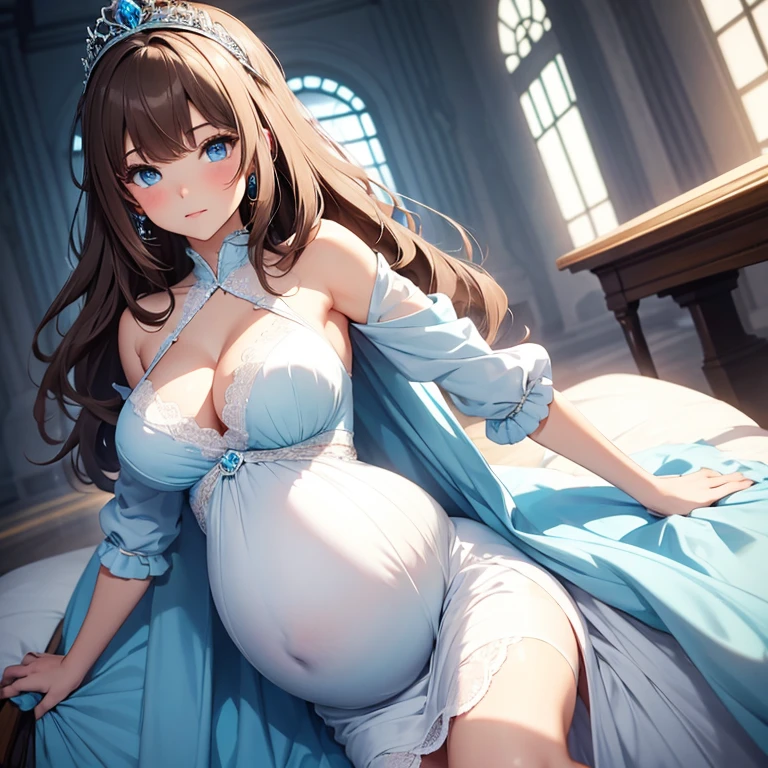 Sexy pregnant princess, elegant tight light blue dress with white details, brown hair, blue eyes