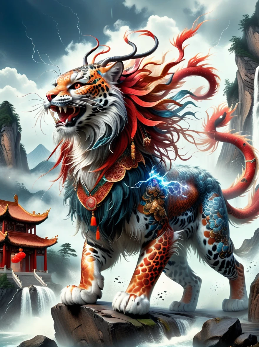 (Best quality, tmasterpiece, iintricate, hyper-detailing, extremely detailed CG unity wallpaper), ((solo)), A kind of monster in the mythology of the ancient Chinese book of the Classic of Mountains and Seas, Great Wilderness East Meridian, A mythical beast in Chinese mythology, (Shaped like a red snow leopard, Small and powerful, It has a majestic body and sharp claws, The whole body is covered with fur red as blood), (((The forehead has a sharp horn))), (((It has five tails behind it))), And both eyes radiate lightning, Surrounded by lightning, White clouds surround, Dreamland Wonderland、Genting Heavenly Palace, The peaks are steep, Strange rocks, fanciful, ogre, fang, Riding, Faraway view, (Best quality, tmasterpiece, iintricate, hyper-detailing, RAW photo, hyper HD, ultra high resolution, extremely detailed CG unity wallpaper, Chinese colors, The color is bright, brightly, Traditional Chinese elements, ((Ancient mural)), legendary, Dappled light, Hazy haze, mystical aura, tmasterpiece, k hd, Rich in color, Detailed details, (Colorful colors), 8K, (((anatomically correct)))