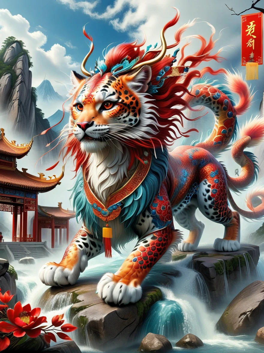 (Best quality, tmasterpiece, iintricate, hyper-detailing, extremely detailed CG unity wallpaper), ((solo)), A kind of monster in the mythology of the ancient Chinese book of the Classic of Mountains and Seas, Great Wilderness East Meridian, A mythical beast in Chinese mythology, (Shaped like a red snow leopard, Small and powerful, It has a majestic body and sharp claws, The whole body is covered with fur red as blood), (((The forehead has a sharp horn))), (((It has five tails behind it))), And both eyes radiate lightning, Surrounded by lightning, White clouds surround, Dreamland Wonderland、Genting Heavenly Palace, The peaks are steep, Strange rocks, fanciful, ogre, fang, Riding, Faraway view, (Best quality, tmasterpiece, iintricate, hyper-detailing, RAW photo, hyper HD, ultra high resolution, extremely detailed CG unity wallpaper, Chinese colors, The color is bright, brightly, Traditional Chinese elements, ((Ancient mural)), legendary, Dappled light, Hazy haze, mystical aura, tmasterpiece, k hd, Rich in color, Detailed details, (Colorful colors), 8K, (((anatomically correct)))