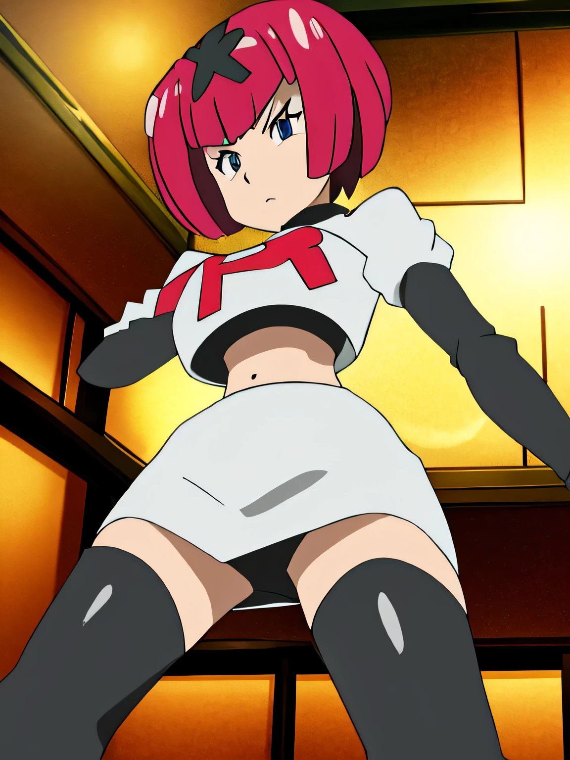 8k, masterpiece,highres,very large breast, team rocket uniform, red letter r, white skirt,white crop top,black thigh-high boots, black elbow gloves, glaring angrily, looking down at viewer, hands on hips, cowboy shot, zettai ryouiki,from below, black panties,anime style, vivid colors, sharp focus, intense lighting,sango