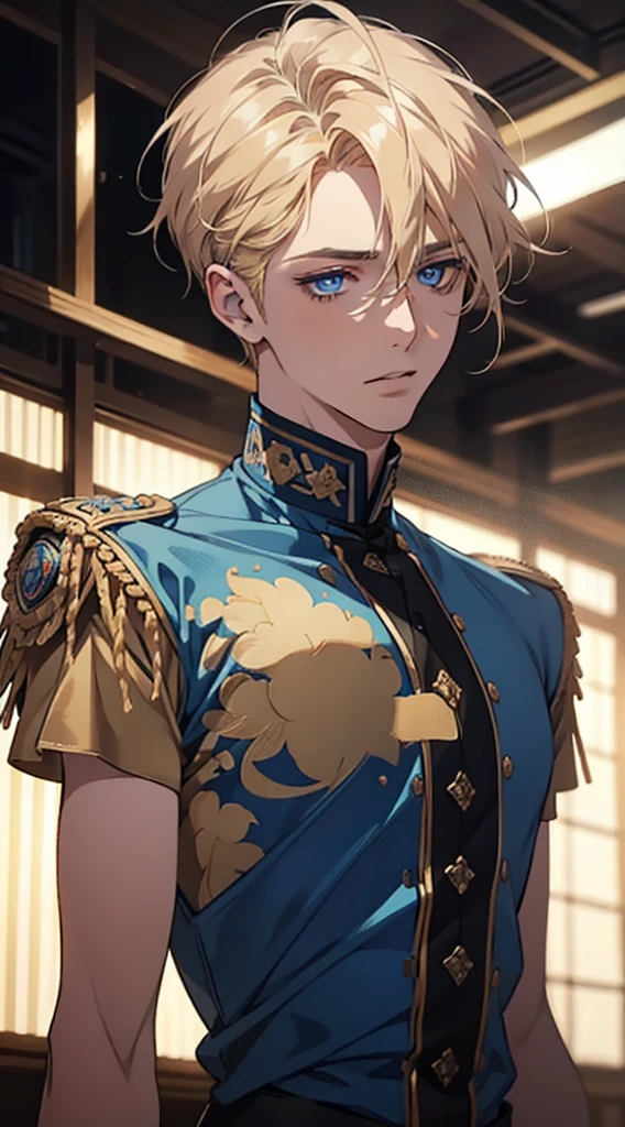 1 male with unique and beautiful features. He has bronze skin, short blond hair, ((big eyes, charming blue eyes, that give his face a touch of mystery and attraction)), He wears elegant and innovative clothes that reflect a unique character and a strong personality, 8k, high quilty, realistic, beautiful realistic, Cool details, raw photo, realistic clothing, short hair, blond hair, realistic hair, Light and cool lighting, photo realistic, Cel shaded, Gel lighting, ultra details