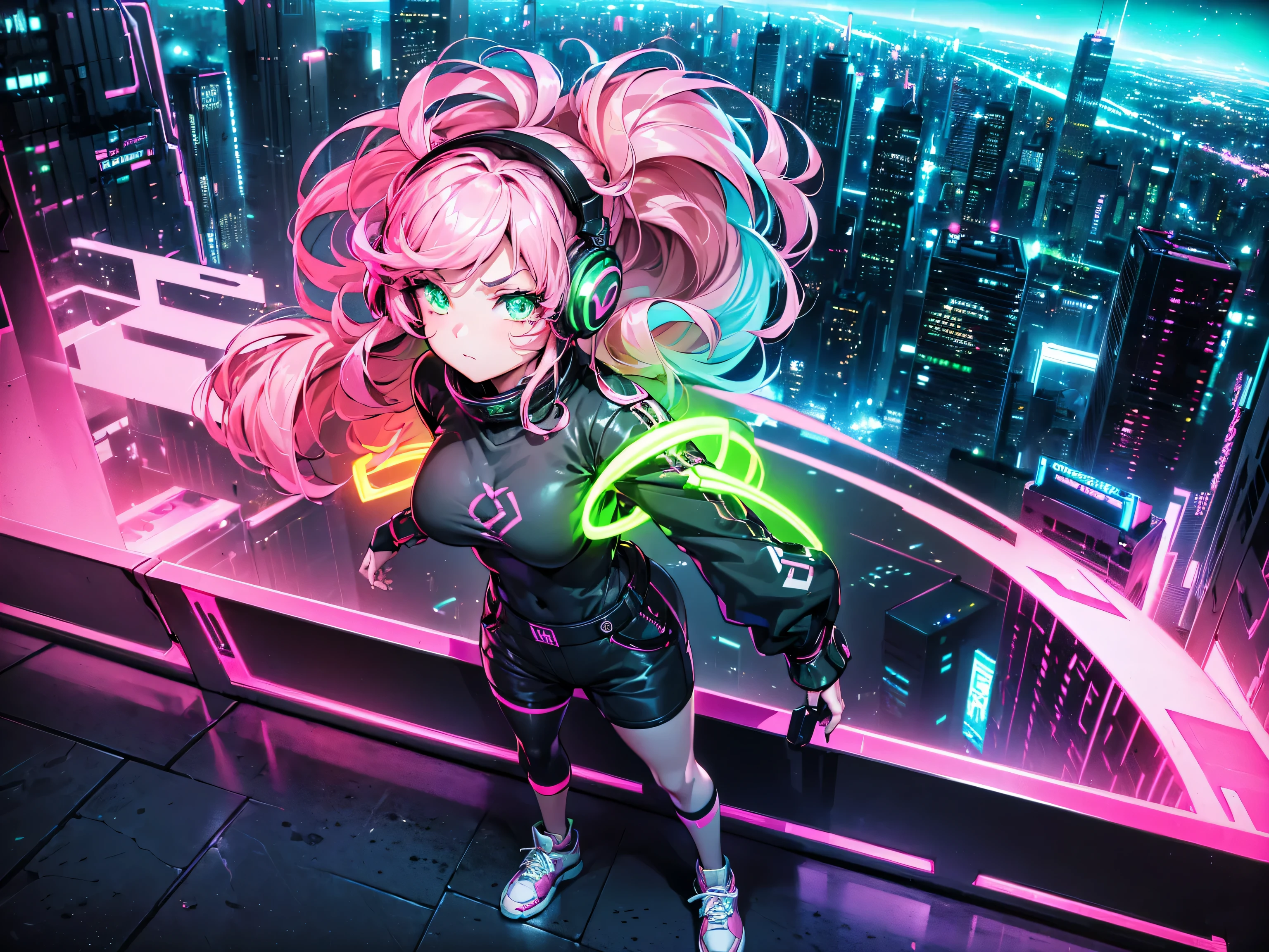 masterpiece:1.4, 1girl ((20year old, dressed in long sleeve shirt, tight black shorts, sneakers, medium breasts, multicolor pink hair, curly long hair, green eyes:1.4, Wearing headphones, standing on a balcony looking out at city:1.1 sci-fi skyline in background:1.1, neon and energetic atmosphere:1.2)) ((nighttime) ((wide camera angle, top view)) ((solo:1.6))