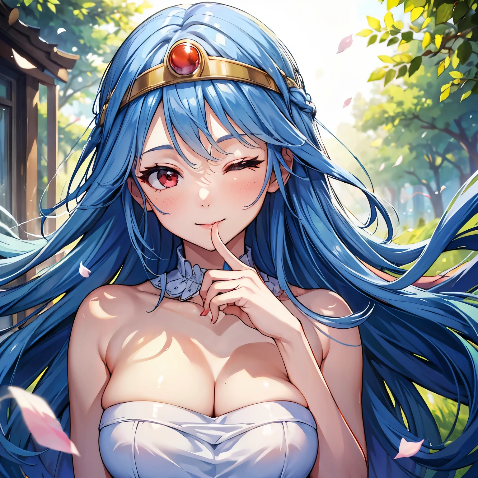 game cg, upper body, face focus, close-up, 1girl, blue hair, white dress, red eyes, circlet, orange lipstick, (finger to mouth), (one eye closed), cleavage, smile, happy, depth, depth of field, outdoor, nature, petals, wind, masterpiece, high quality, best quality, beautiful, hd, perfect lighting, detailed face, detailed body, masterpiece, best quality, intricate details, 8k uhd, perfect face, perfect eyes