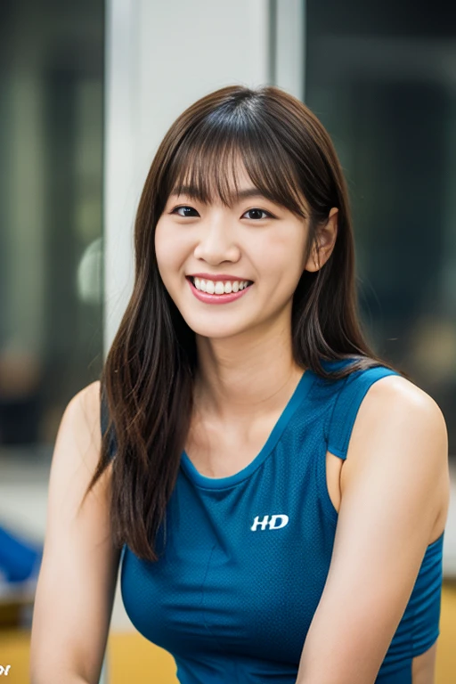 A girl named Haruka, Straight Hair, 28 years old, busty, Slender, toothy smile, first-person view, Random Flare, f/2.2, 200mm, Olympus, UHD, retina, masterpiece, ccurate, anatomically correct, textured skin, super detail, high details, high quality, best quality, highres, 1080P, HD, 4K, 8k, training wear
