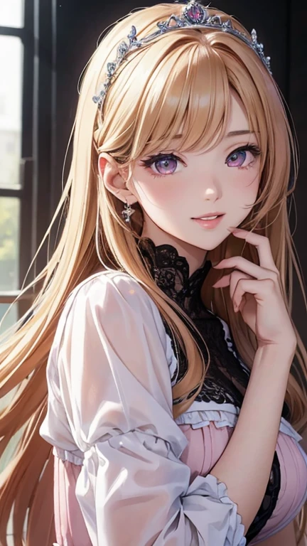 masterpiece、highest quality、High resolution、high quality images、8K, 1 female、skin luster、Texture of skin and clothing、Expression of fine eyes、Shiny latte colored hair,long hair girl, Manga inspired by Lee Jong-suk, trending on deviantart, realism, detailed manga style, manga art style, perfect line drawing, beautiful line drawing, digital manga art girl, K-POPアイドル, dress, beautiful pink eyes, plump lips, detailed gorgeous face, (cute smile), charm, innocent, Side view, (perfectly detailed face), (fine hands) photorealistic images, Depth of written boundary, half up hairstyle, tiara, 白いウエディングdress,at the wedding,association, evening,lots of roses,