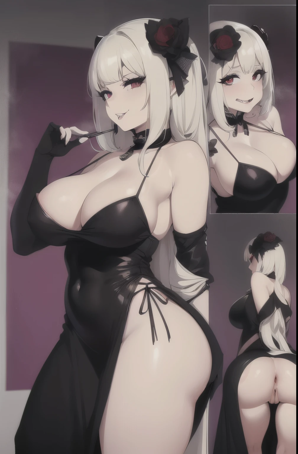 (Masterpiece, Best Quality, High Quality:1.4), (professional artwork, extremely detailed girl:1.0), 8k, detailed eyes, perfect face, 2girl, (voluptuous, mature female, large lips:1.2), wide hips, thick thighs, heavy makeup, bottom heavy:1.4), (skindentation, long eyelashes, dark eyeshadow, looking at viewer, red eyes, close up, huge ass, massive thighs, huge hips, sweat, sweaty, sagging breasts, cruel smile, sadistic smile, bully, showing breasts, pulling top down, exposing breasts, goth, goth girl, pale skin, block eyeshadow, black lipstick, mean looking, sharp teeth, long black tongue, tongue out of mouth, monster girl, black clothes, ball gown, massive dress, tight dress, long dress, (((nsfw))), (((open anus))), Back view, (((anal extension))), (((giant anus))), open anus