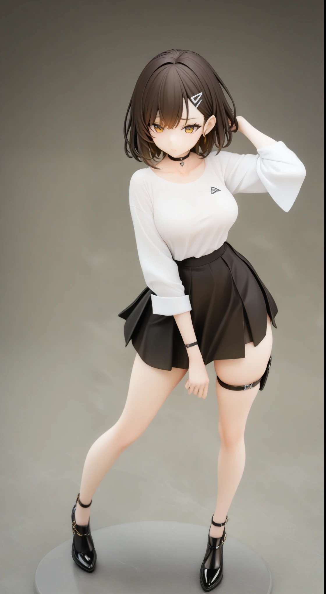 best quality,masterpiece,(shiny_skin:1.1),highres,detailed,(sharp edges),1girl,medium hair, hair_ornament, hairclip, choker, jewelry, shirt, skirt, thigh_strap, dress, closed mouth, full body,