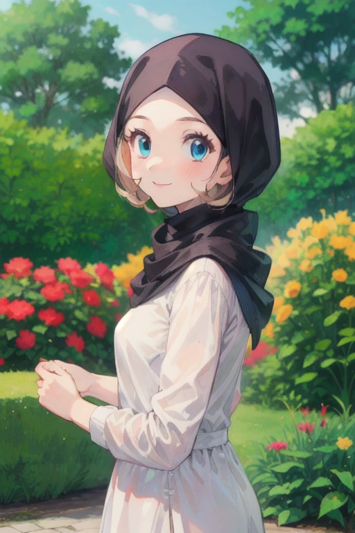 gonzarez, masterpiece, Serenaj, 1girl, solo, blonde hair , blue eyes, , light, smile, black hijab, garden, morning , eid Mubarak