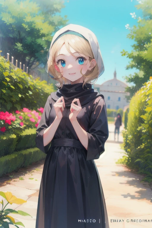 gonzarez, masterpiece, Serenaj, 1girl, solo, blonde hair , blue eyes, , light, smile, black hijab, garden, morning , eid Mubarak