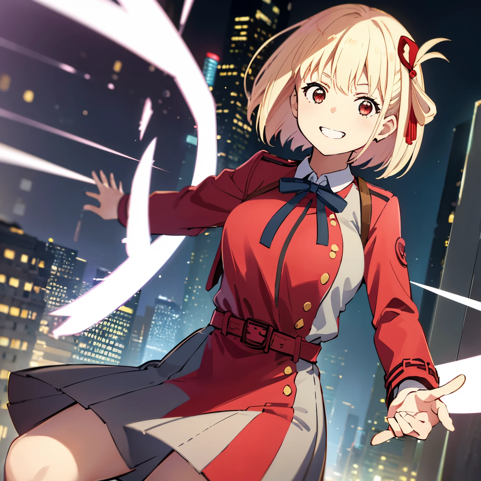 chisato, 1girl, solo, short hair, hair ribbon, breasts, neck ribbon, collared shirt, lycoris uniform, two-tone dress, red dress, grey dress, long sleeves, red belt, face of happiness, smile mouth, (((1girl))),(((Solo))),(((1 person))), city scape.