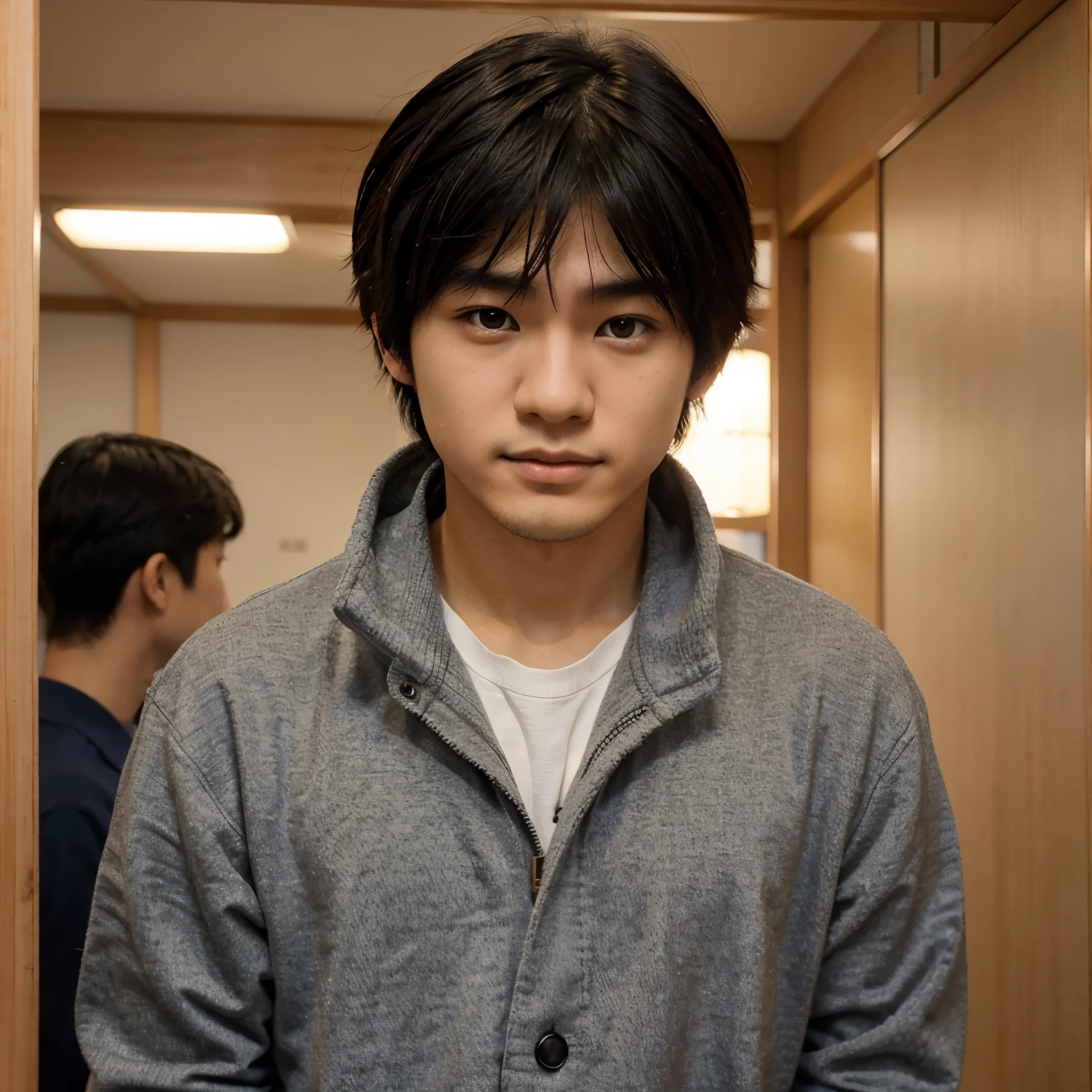 Japanese student boy with medium hair. Olhar frio. Segurando uma faca