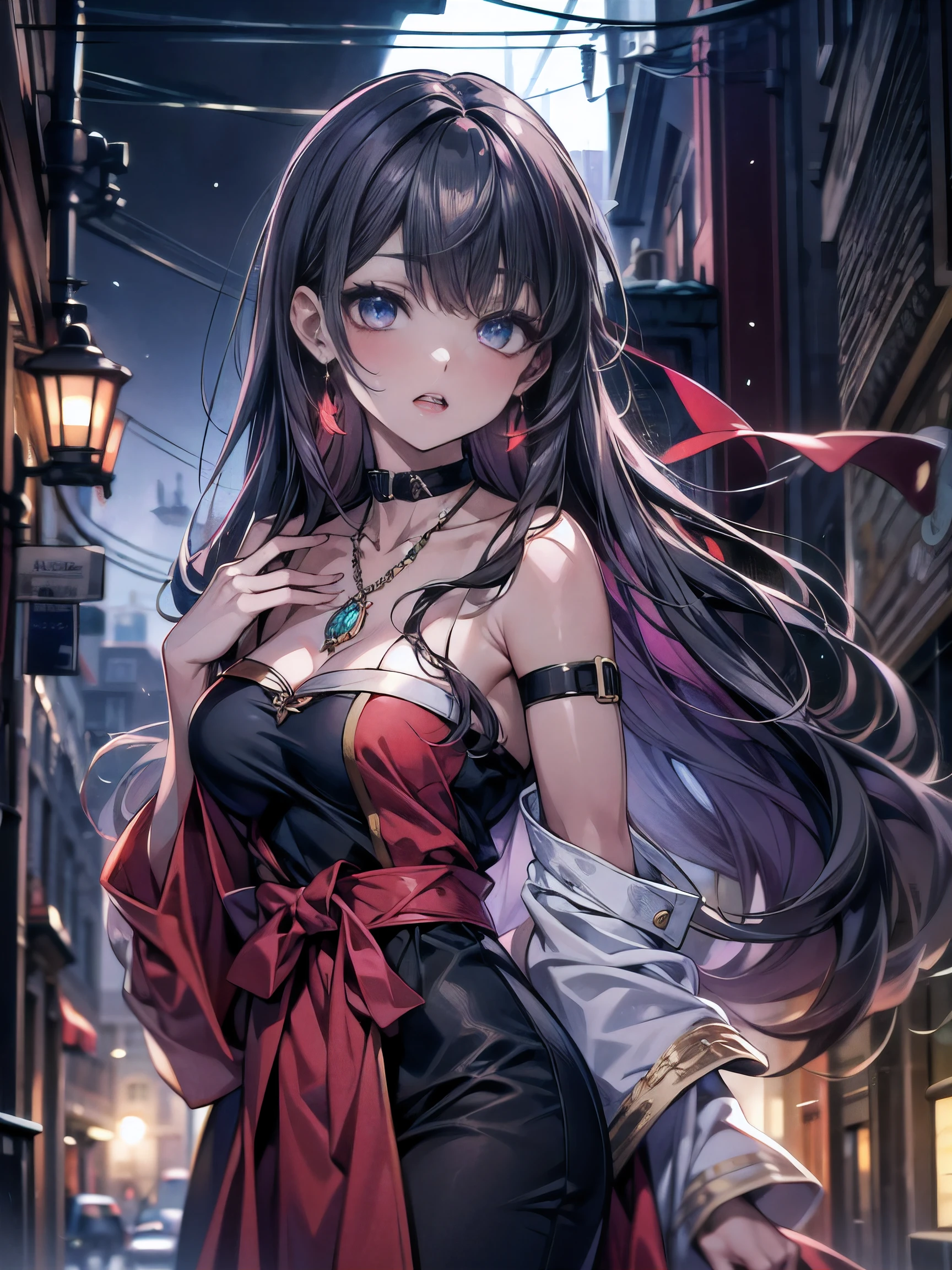 (masterpiece,best quality,ultra-detailed), CG, award winning, ccurate, UHD, textured skin, chromatic aberration, perfect anatomy, Fujicolor, fantasy, 1 young vampire girl approaching from the alley at midnight, young sister taste, back semi-long hair with red inner color, azure eyes, wearing wine red magic robe with a amethyst pendant, tsundere mode, turning red face, cute canine teeth, funny night