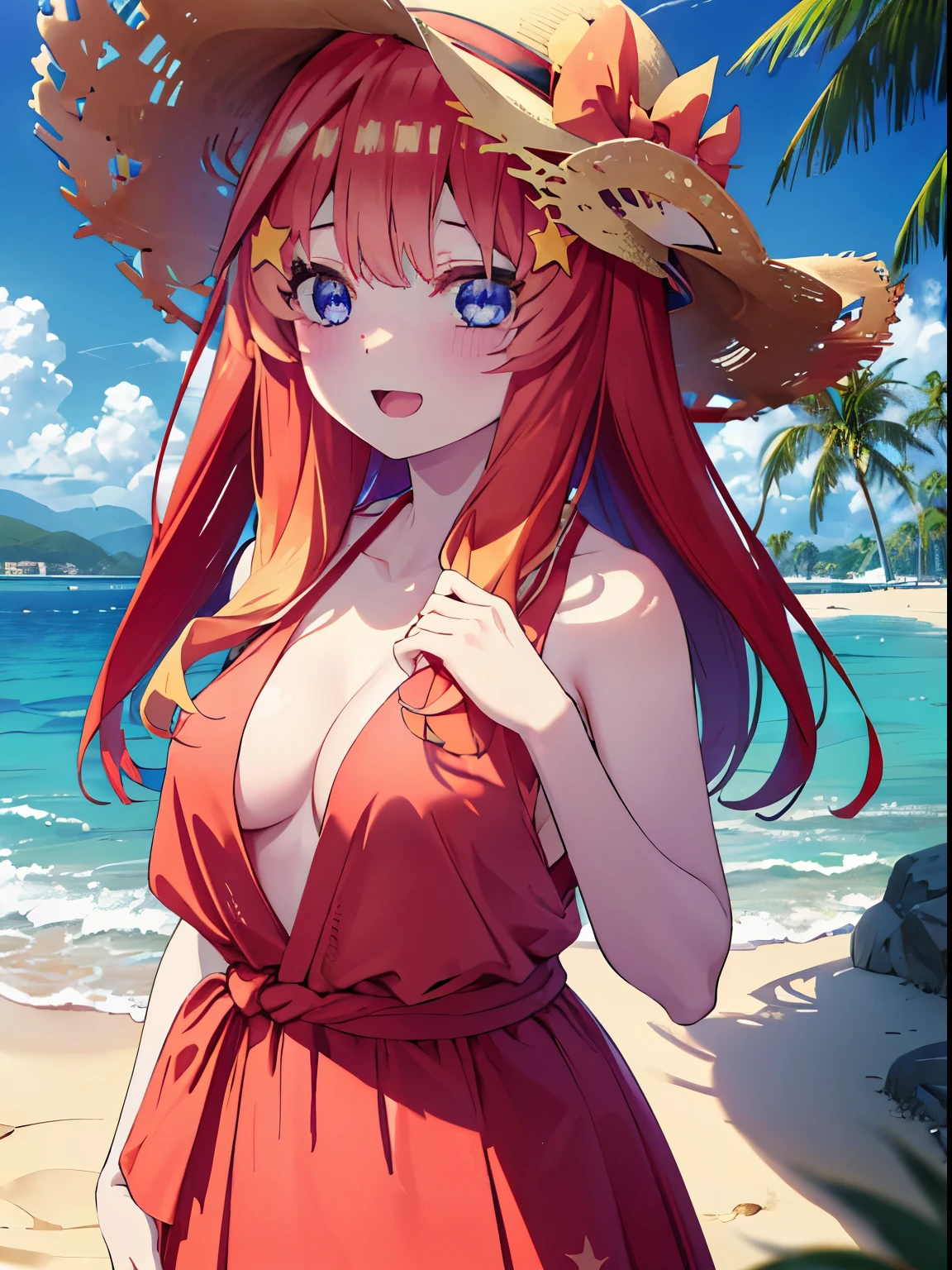 itsukinakano, itsuki nakano, bangs, blue eyes, hair between eyes, Ahoge, redhead, star \(symbol\), hair ornaments, star hair ornaments,happy smile, smile, open your mouth,skirt,big straw hat,Red Bikini Swimsuit,naked belly,A light red blanket is wrapped around his waist..., (beach salon),  big breasts,((salon)), beach outfit,real summer,Palm tree,
break outdoors, beach,
break looking at viewer, (cowboy shot:1.5),
break (masterpiece:1.2), highest quality, High resolution, unity 8k wallpaper, (shape:0.8), (fine and beautiful eyes:1.6), highly detailed face, perfect lighting, Very detailed CG, (perfect hands, perfect anatomy),