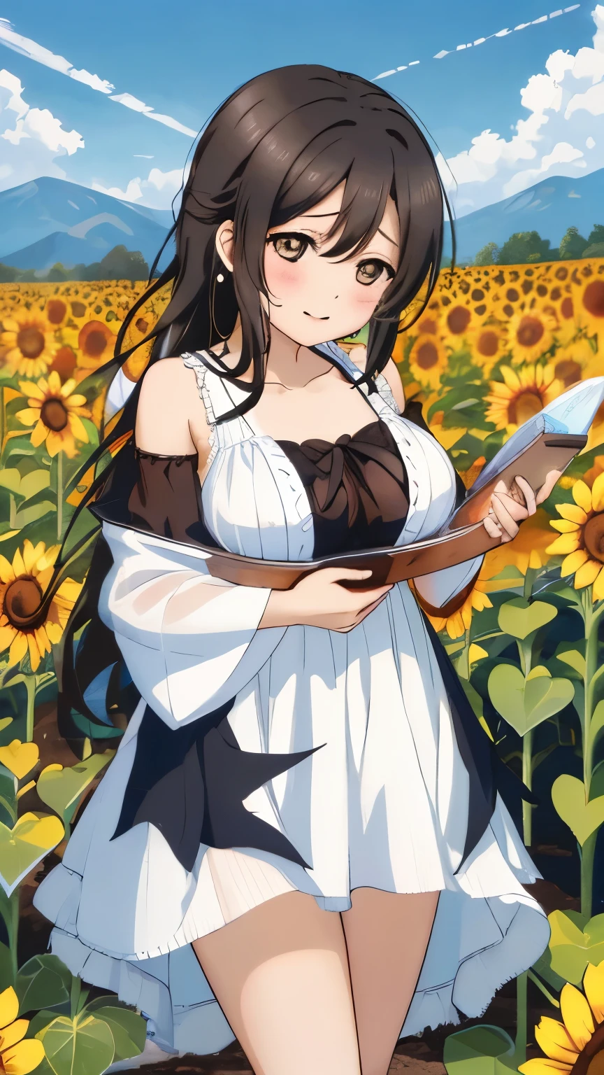 1 girl, alone,  brown eyes, black hair, long hair,half up、 (white dress:1.4),Sunflower field, Sunflower fieldの前に立つ、blue sky、very big breasts、expose one&#39;s chest、Bare your breasts、put the chest on the tray、nipples are transparent、blush、embarrassing、scared face、in trouble、confused face、A lot of milk comes out of the nipples、Breast milk squirts out of the nipples、very short skirt、micro mini skirt、The shape of a woman&#39;s private parts is clearly visible、