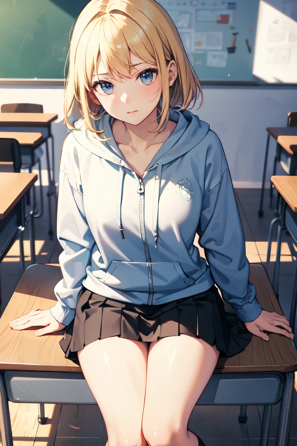 ((best quality)), ((masterpiece)), (detailed), perfect face, ((best quality)), ((masterpiece)), blonde hair, highschool uniform, dark blue skirt, hoodie, unzipped hoodie, sit on the desk, classroom, facing at viewer